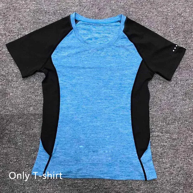 Blue T-Shirt Женский комплект для бега, занятий йогой, футболка, спортивные костюмы, штаны для фитнеса, леггинсы, рубашка с коротким рукавом, комплекты для бега, одежда для спортзала и тренировок - Цвет: Blue T-Shirt