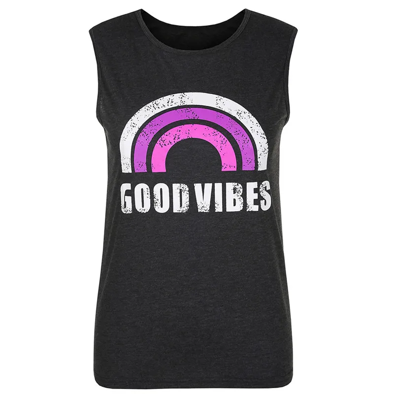 Летний женский топ на бретелях с принтом радуги и надписью Good Vibes, Женский Повседневный Свободный жилет с круглым вырезом,, сексуальный женский топ без рукавов