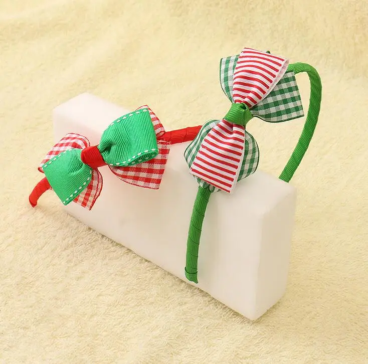 

100pcs DHL Free shipping Headband Green & Red Tartan Christmas Ribbon Hair Bow