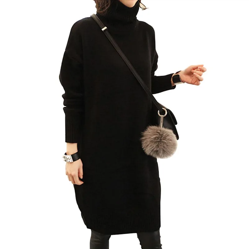 black Vestido De Punto Manga Larga Invierno Мода осень и зима длинный вязаный свитер с высоким воротником платье подиумные платья - Цвет: black