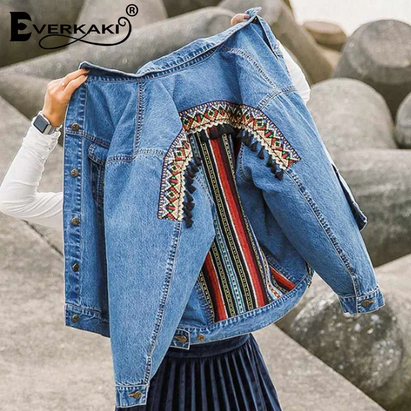 Everkaki Boho джинсовые куртки с вышивкой и кисточками женские пальто карманами