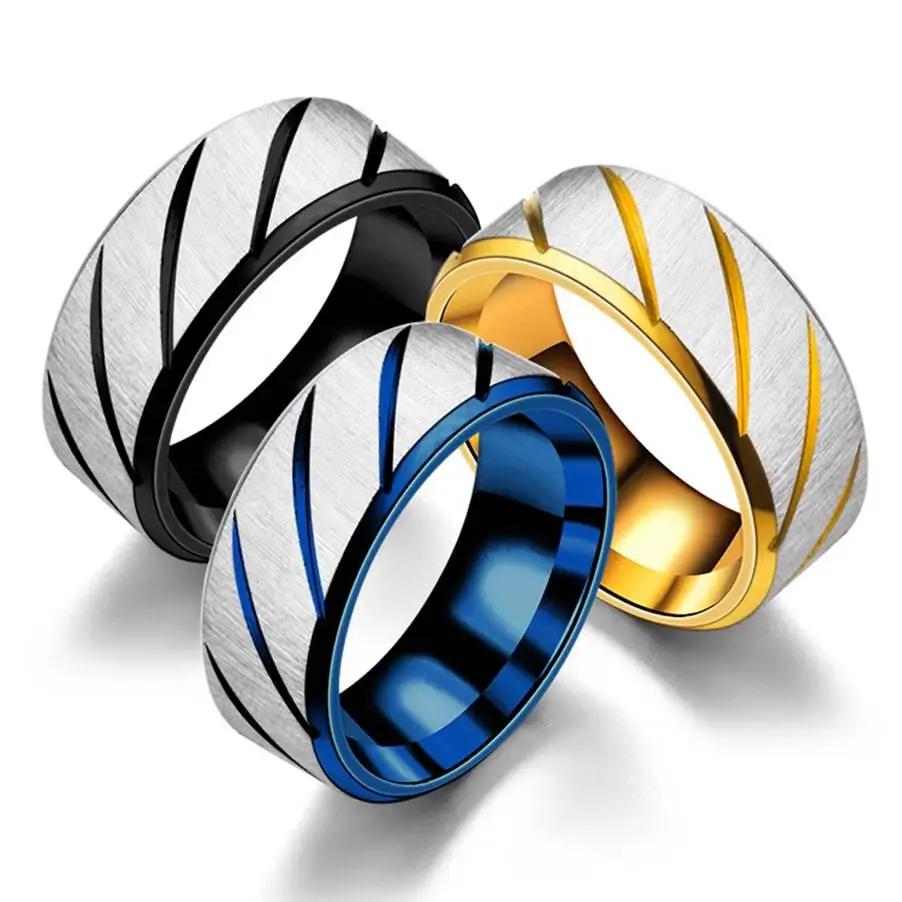 

Cool Stainless Steel Rings For Men Gold Blue Colors Lines Trendy Wedding Rings Fashion Women Party Jewelry Wholesale Size 6-12