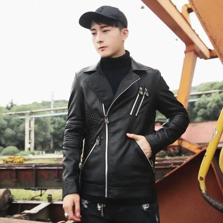 HOT Men's Fashion zipper leather jacket locomotive large lapel Coat 2018 Autumn new tide men motorcycle clothes | Мужская одежда