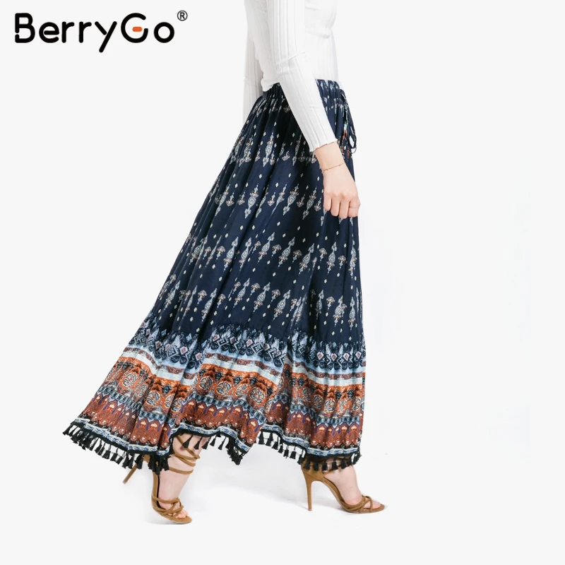BerryGo женские юбки Boho длинная юбка с цветочным принтом летние кисточками 2019