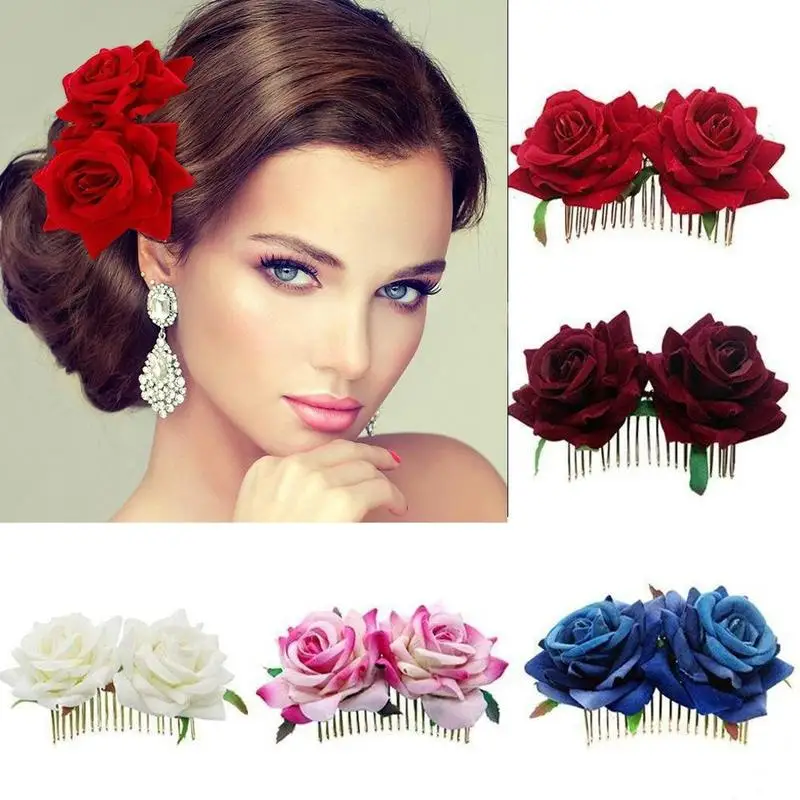 

1PC Romantic Fancy Double Silk Artificial Rose Flower Hair Comb Purple White Hair Clip Wedding Bridal Women Prom Headpiece
