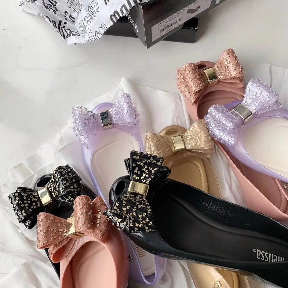 Melissa/женские сандалии из прозрачного пластика г. Новая Летняя обувь женские повседневные модные сандалии Melissa на плоской подошве с бантом-бабочкой, Размеры 35-39