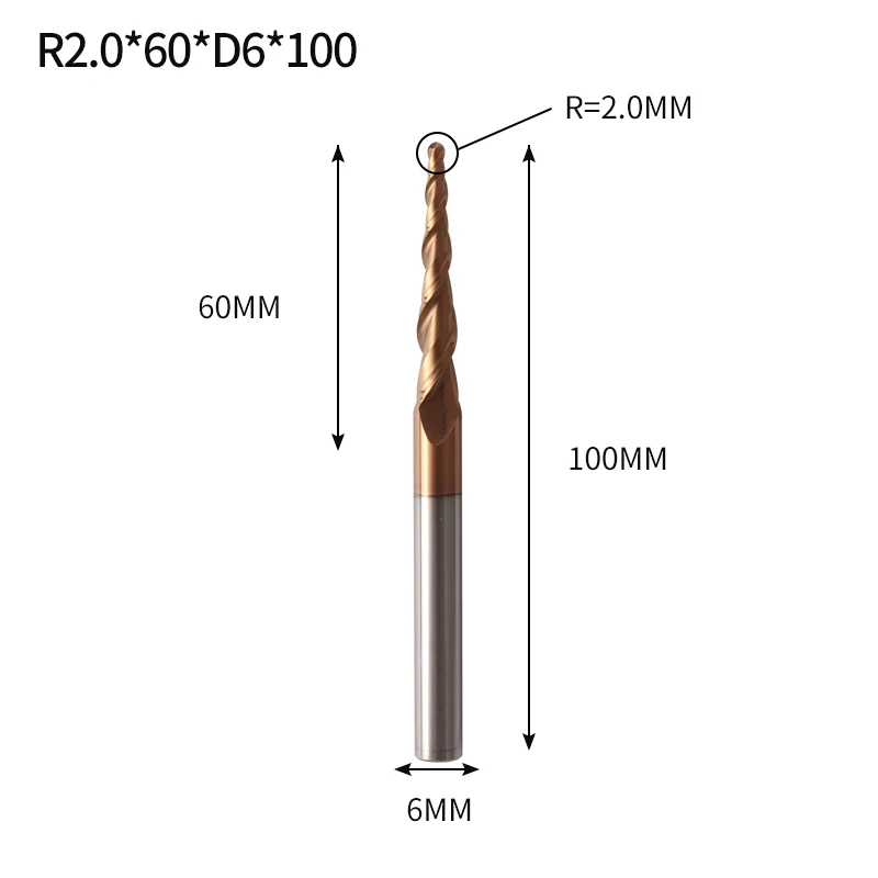 R2X60XD6X100L Augusttools конические сферические Концевые Фрезы HRC60 из карбида вольфрама с ЧПУ фрезерный станок для дерева, металла, фрезерования 3,175 мм 4 мм 6 мм 8 мм - Длина режущей кромки: R2X60XD6X100L