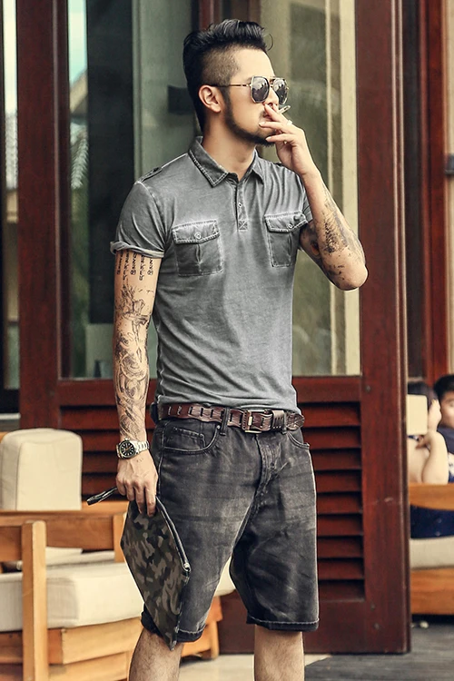 

Summer Short Sleeve Cotton Men Polo Vintage military style badges pocket design wash old men's Polo Lapel shirt casual Polo