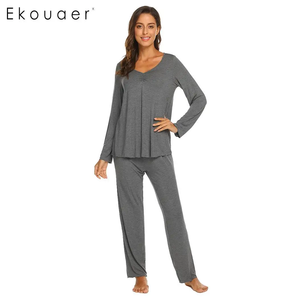 Ekouaer осенне-зимние женские пижамные комплекты, одежда для сна с длинным рукавом и v-образным вырезом, длинные штаны с рюшами, пижамный комплект, женские пижамы, одежда для сна