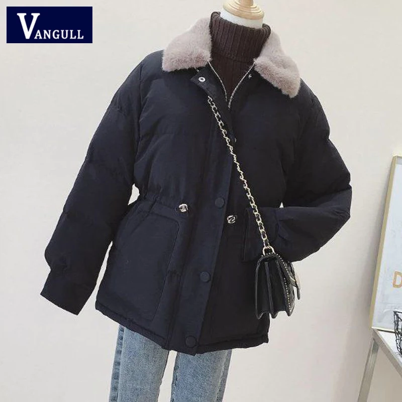 Женская парка Vangull теплая с длинным рукавом и большим меховым воротником на