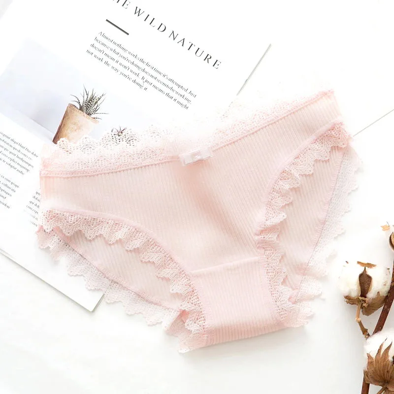 Sexy Lace Panties Women's Cotton Ultra Soft Briefs Bikini Seamless Cute Bow Girls Briefs Soft Comfort Lingerie Fashion Women - Color: Pink