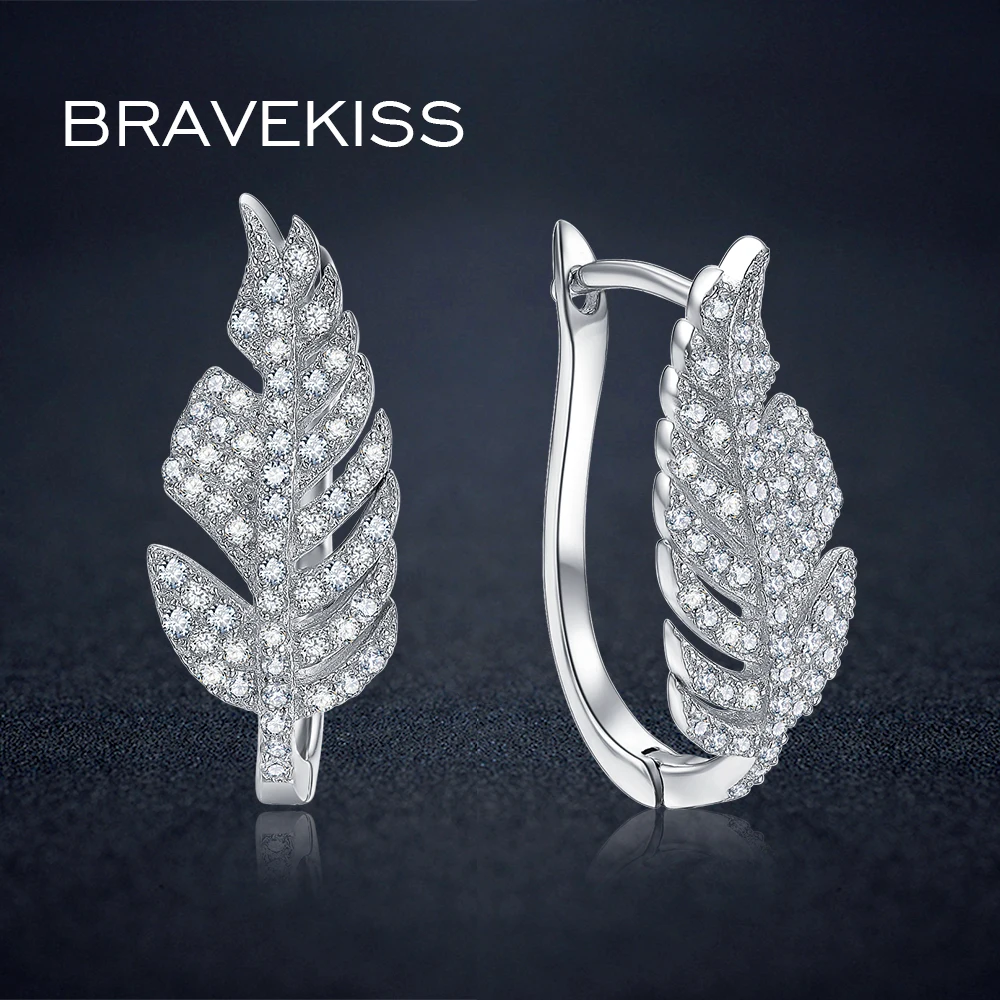 

BRAVEKISS Leaves Pure 925 Sterling Silver Clip Earrings For Women Pave Cubic Zirconia Luxury Earrings Luxury Jewelry BLE0282