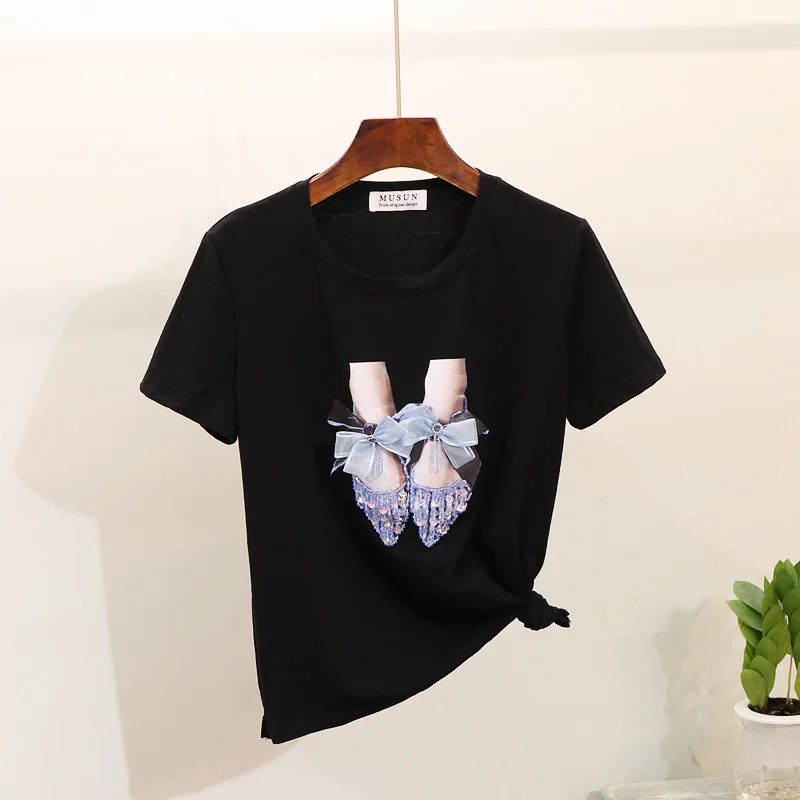 Летние топы женская футболка 2020 расшитая бисером с блестками на экране коротким