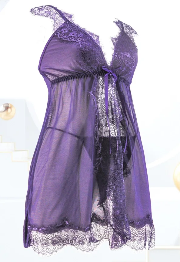 Purple Perspective Lace Sling Strap Nightwear With Thong Women Gecelik Camisola Sexy Sleepwear Nightgown Set Baby Doll Lingerie |