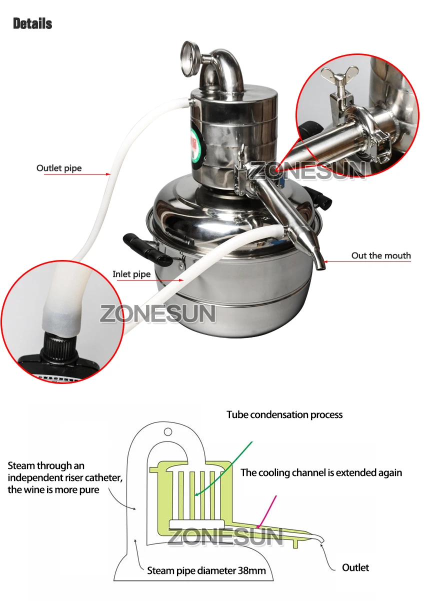 ZONESUN 10 л дистиллятор бар бытовые средства вино лимбек дистиллированная вода большой емкости водка чайник варить алкоголь виски
