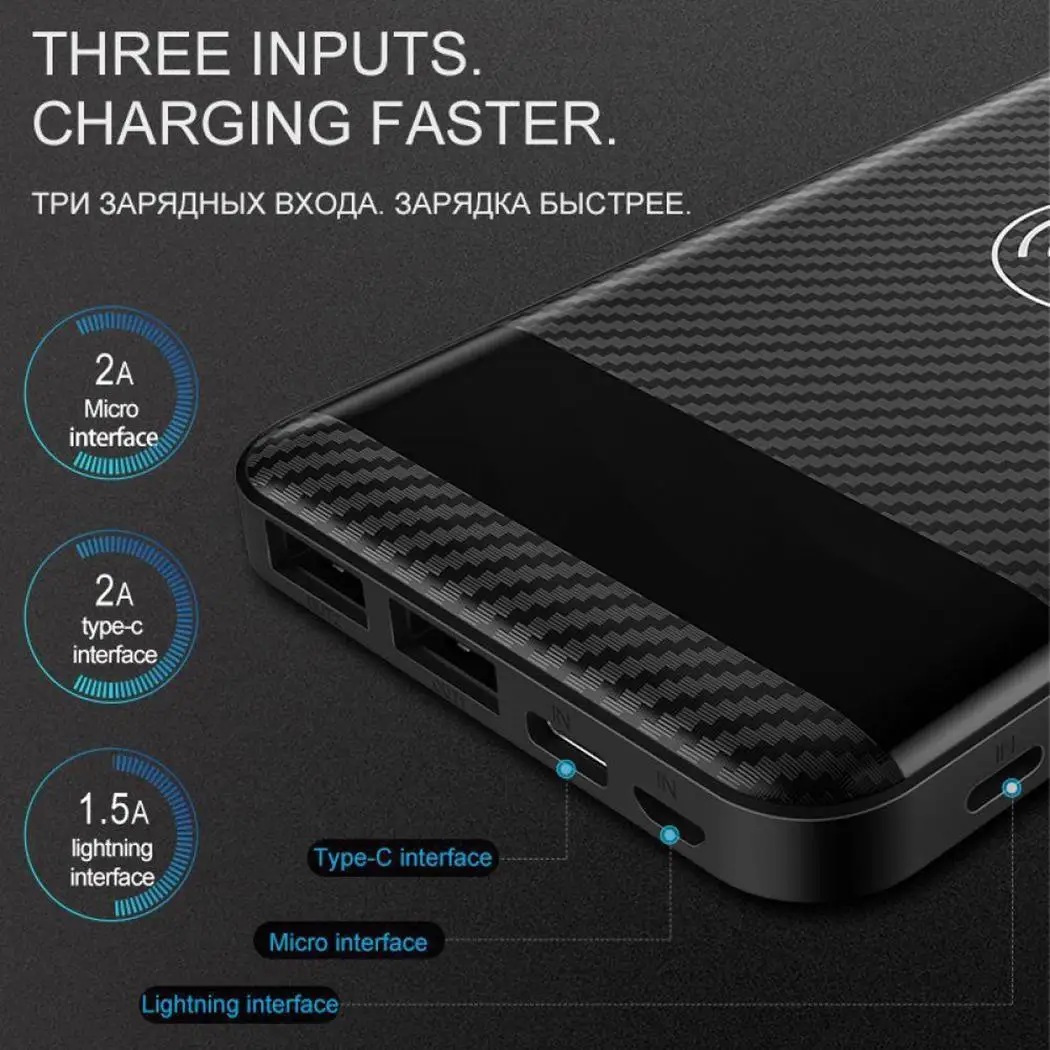 Беспроводная зарядка для iphone X 10000 mAH power bank новый тип C мобильный один USB Bank