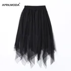 Эластичная длинная Асимметричная фатиновая юбка, Женская плиссированная юбка-пачка с высокой талией, школьная Асимметричная сетчатая кружевная трапециевидная юбка средней длины, черно-белая