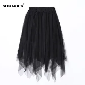 Эластичная длинная Асимметричная фатиновая юбка, Женская плиссированная юбка-пачка с высокой талией, школьная Асимметричная сетчатая кружевная трапециевидная юбка средней длины, черно-белая