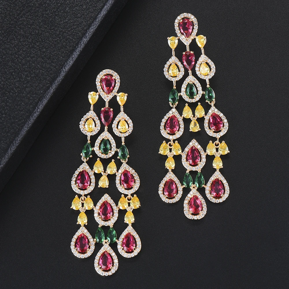 GODKI модные роскошные разноцветные CZ кубический циркон кисточкой Висячие серьги для женщин Свадебные Длинные серьги mujer moda