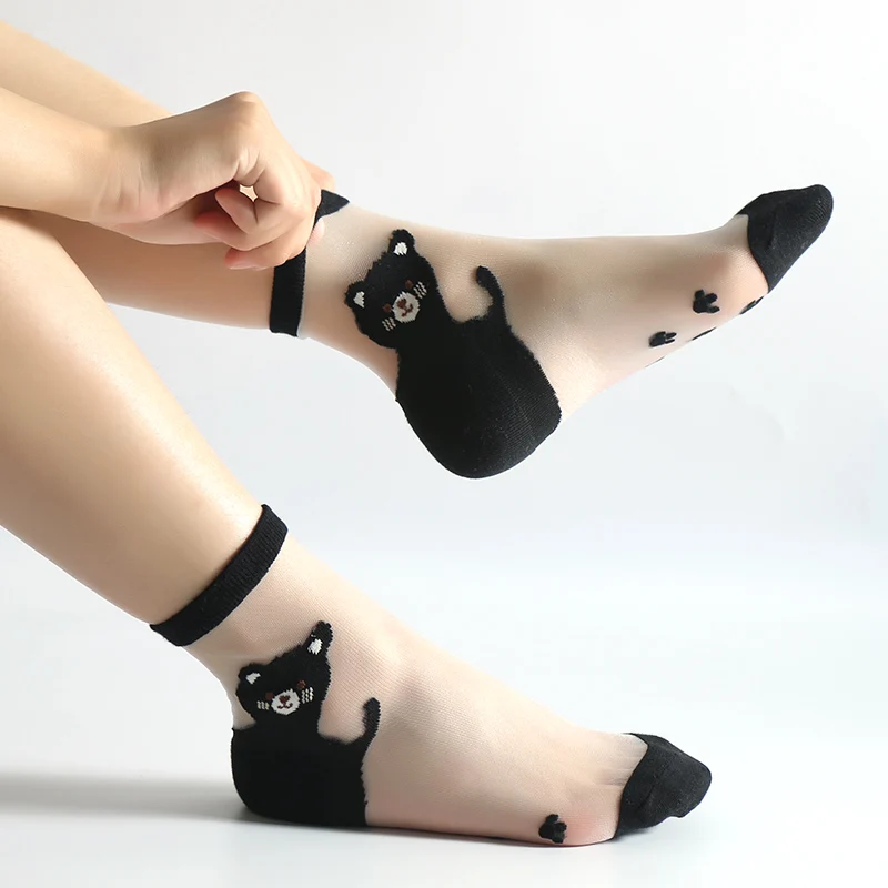 4 Pairs/Lot Women Cute Cartoon Cat Paw Print Ultra-Thin Novelty Net Socks Japanese Glass Silk Meias Female transparent Funny Bas