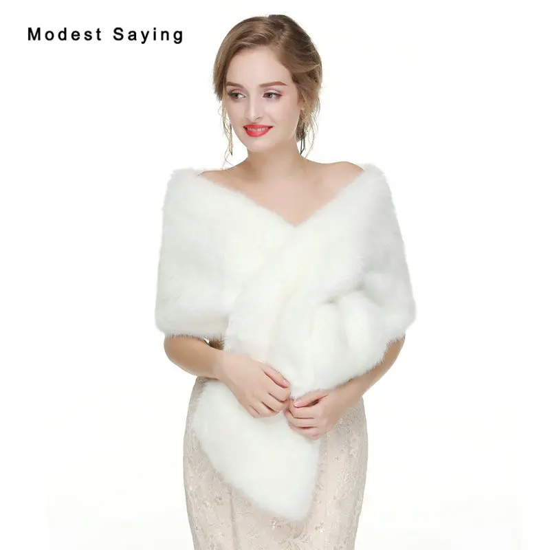 

Elegant Ivory Faux Fur Wedding Wraps 2017 Formal Bridal Shawls Women Jackets Winter Fur Warm Scarives Long Hair Wedding Boleros