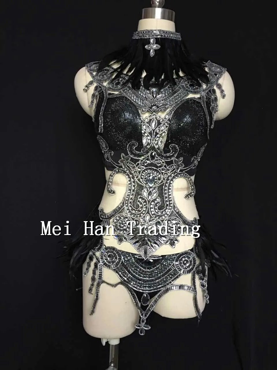Bright Sequins Black Feather Bodysuit Stage Dancewear Costume Set Female Singer Prom Wear Fashion Show Dj Outfit Clothing