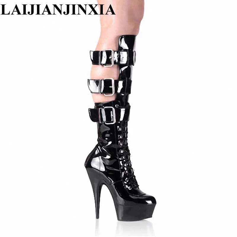 

LAIJIANJINXIA dance shoes cutout hasp knee-high motorcycle boots 6 inch Taylor Momsen high-heeled shoes B-018