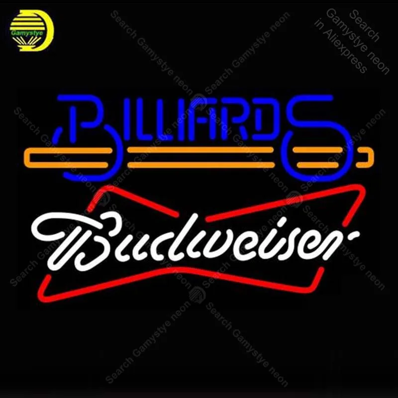 

Neon Sign for Budweiser White Billiards Text With Stick Pool Neon Bulb sign Beer Bar Pub handcraft glass tube light Decor lamps