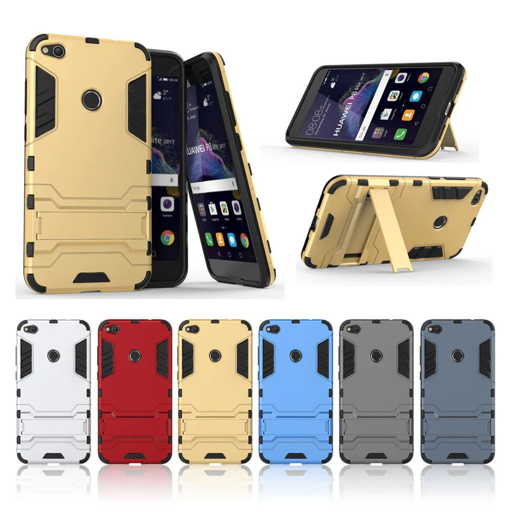 For Huawei P8 Lite 2017 Case Cover Luxury Iron Man Stand Hard Armor+Soft Silicone TPU for Honor 8 | Мобильные телефоны и