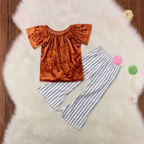 

2PCS Kids Baby Girls Off-shoulder Outfits Solid T-shirt Tops+Pants Clothes Set