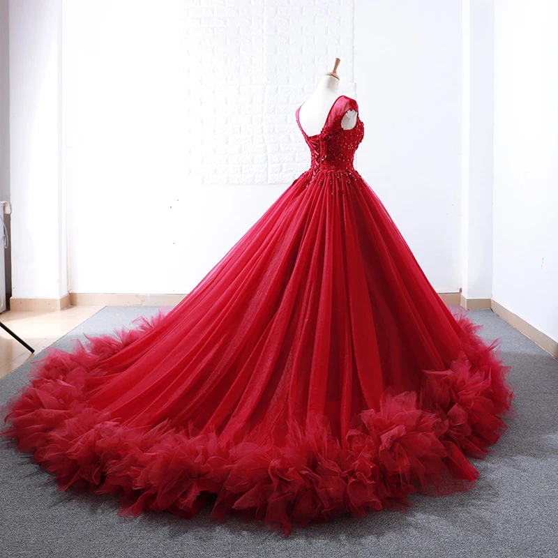 Burgundy Prom Dresses Fashion Red Ball Gown Prom Dress 2018 Saudi Arbaic Modern Design Sheer Lace Top Corset Elegant Prom Gowns