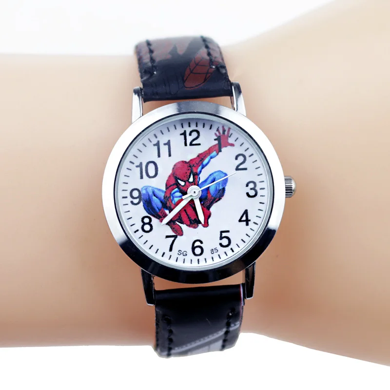 Boy Black JOYROX Princess Elsa Pattern Girls Watch Cartoon Spiderman Boys Watches Leather Strap Wristwatch Kids Clock reloj de mujer - Цвет: Boy Black