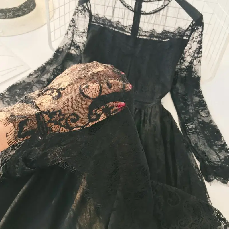 2019 Новая мода черный кружево платье для женщин Элегантный с длинным рукавом и