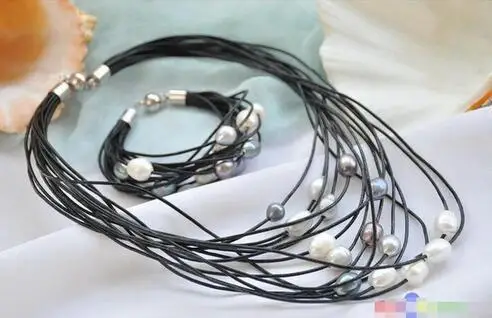 Wholesale price 16new ^^^^P5235 15row 13mm gray black white rice pearl leather necklace &amp bracelet |