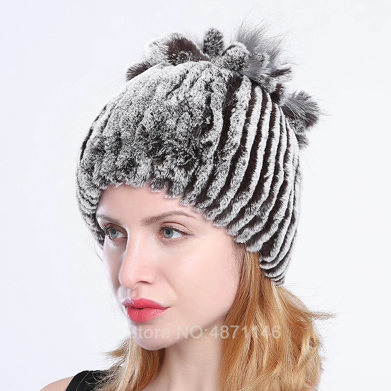 New winter women girls rex rabbit fur hat sweet flowers Elastic woollen Knitting lining hats caps Skullies Beanies | Аксессуары для