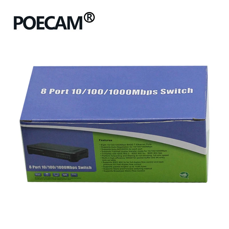 8port gigabit switch 16G capacity supply power 12V1A computer office type transfer speed 1000Mbps plastic case with LED display |