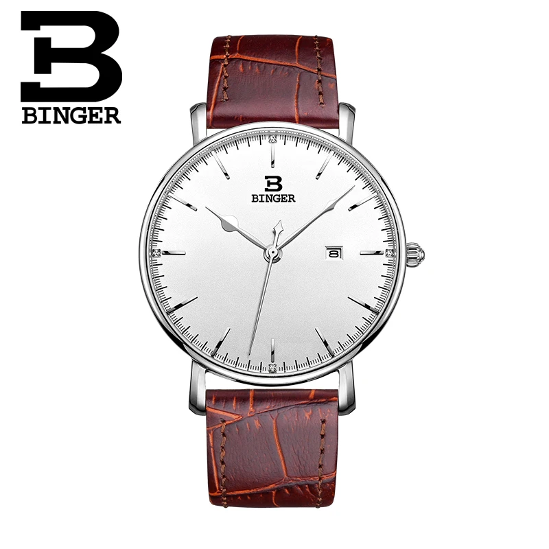 Швейцарские мужские часы BINGER роскошного бренда кварцевые с кожаным ремешком