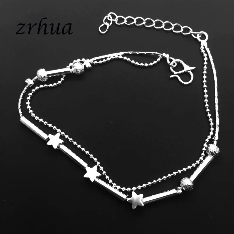 ZRHUA пляжный многослойный браслет на ногу с бусинами и звездами, цепочка на ногу, 925 пробы, серебряный браслет на ногу для модных женщин, ювелирные изделия