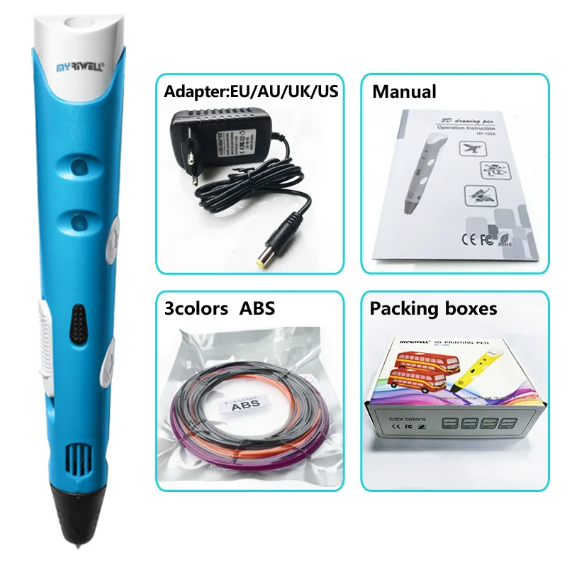 Blue pen Myriwell 3d ручки+ 20*10 м ABS нити, 3 d ручка Смарт 3d печатная Ручка лучший подарок для детей, 3d Ручка для печати 3d модель, 1,75 мм pla - Цвет: Blue pen