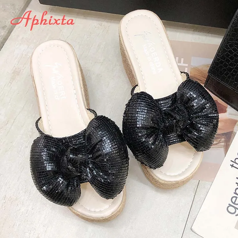 Aphixta/шлепанцы на танкетке 7 см; женская обувь; женские вьетнамки из расшитой блестками ткани золотистого цвета; обувь на платформе; женские пляжные шлепанцы; zapatos mujer - Цвет: Black
