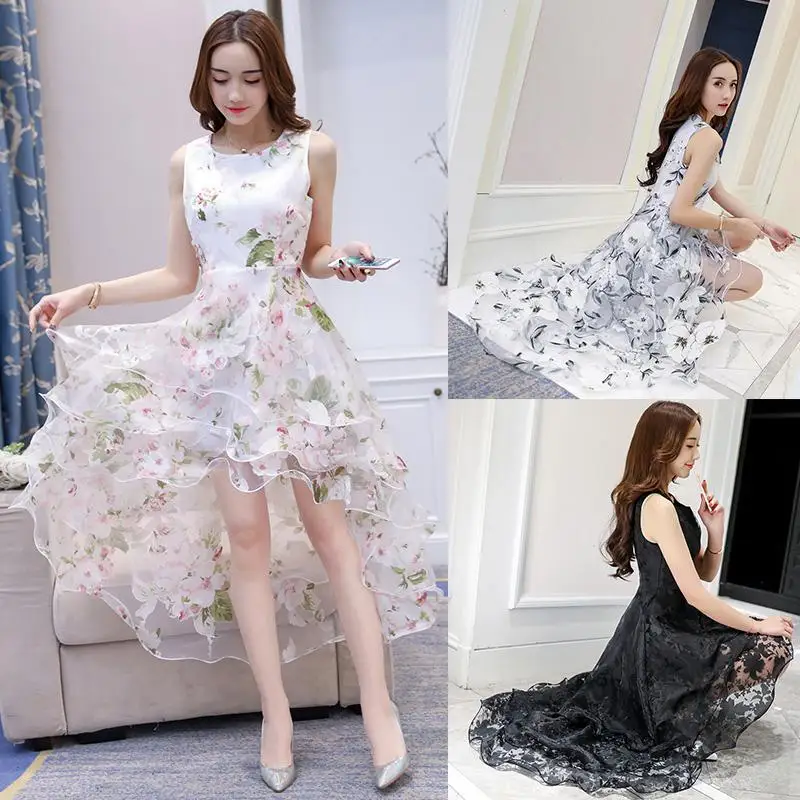 Yfashion Women Organza Sleeveless Tight Waist Irregular Dress for Bridesmaid Wear Beautiful Summer Girl Leisure Dress Natural