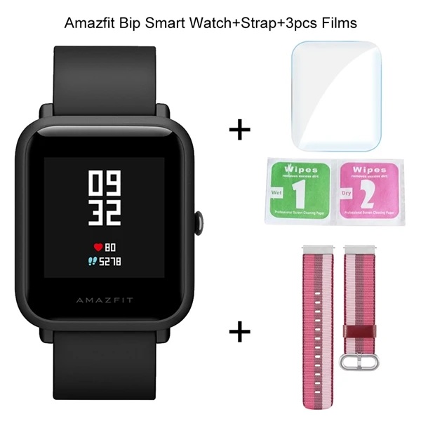 Add 1 Strap 3 Films Оригинальные Смарт-часы Xiaomi Amazfit Bip, фитнес-трекер, gps, умные часы, IP68, водонепроницаемые, 45 дней, срок службы батареи, пульсометр - Цвет: Add 1 Strap 3 Films