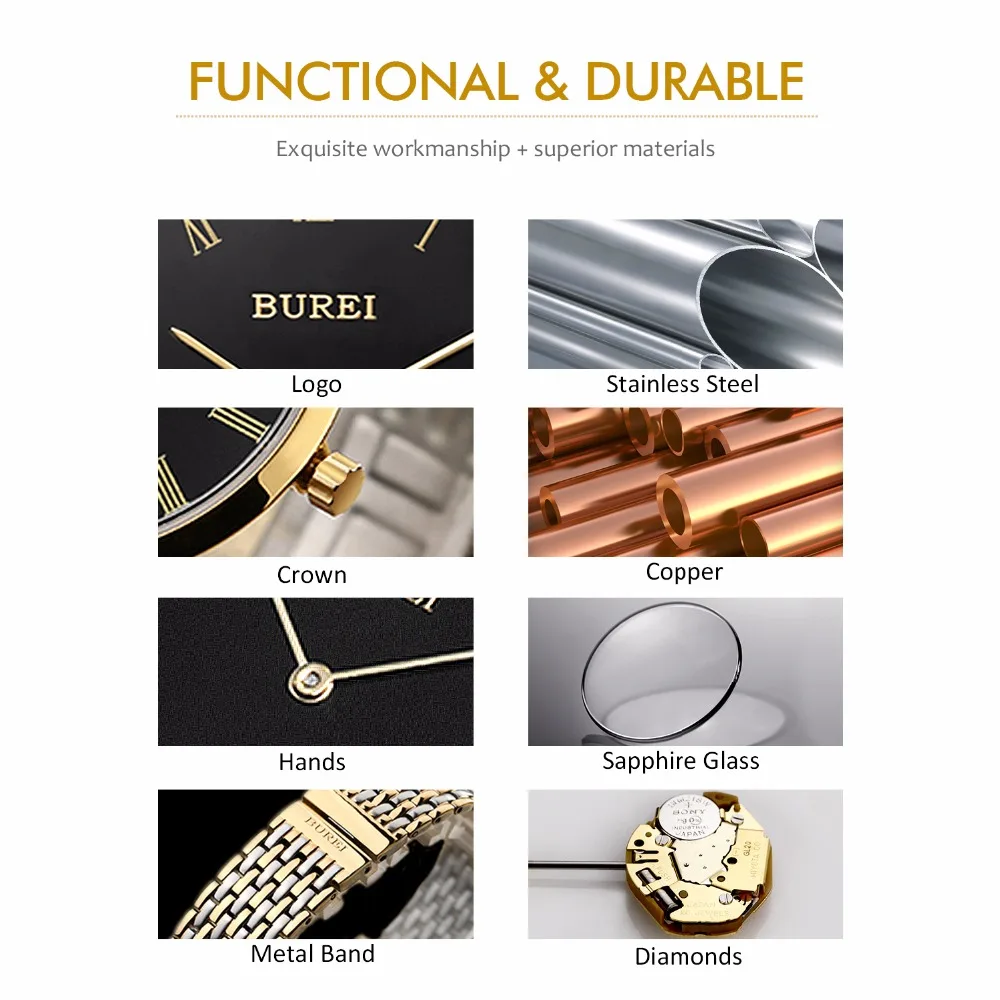 Burei Золотые Женские Часы Лучший Бренд Моды Стали Ремешок Сапфир Объектив