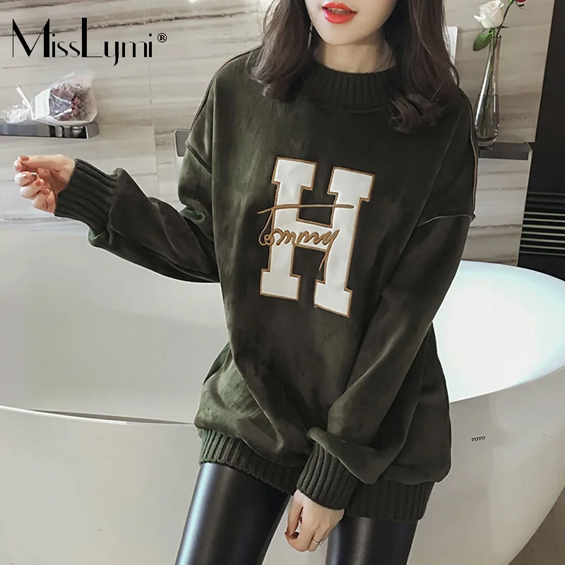 MissLymi L-4XL плюс размеры толстовки для женщин 2019 Весна письмо 'H' патч с длинным