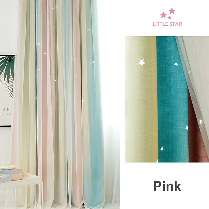 1 Piece Pink Градиентные цветные плотные занавески со звездами для гостиной, спальни, романтическая оконная занавеска с белым кружевом, вуаль, тюль - Цвет: 1 Piece Pink