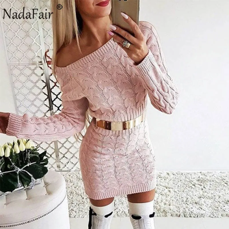 Nadafair теплый вязаный свитер платье для женщин Vestidos розовый черный облегающее мини