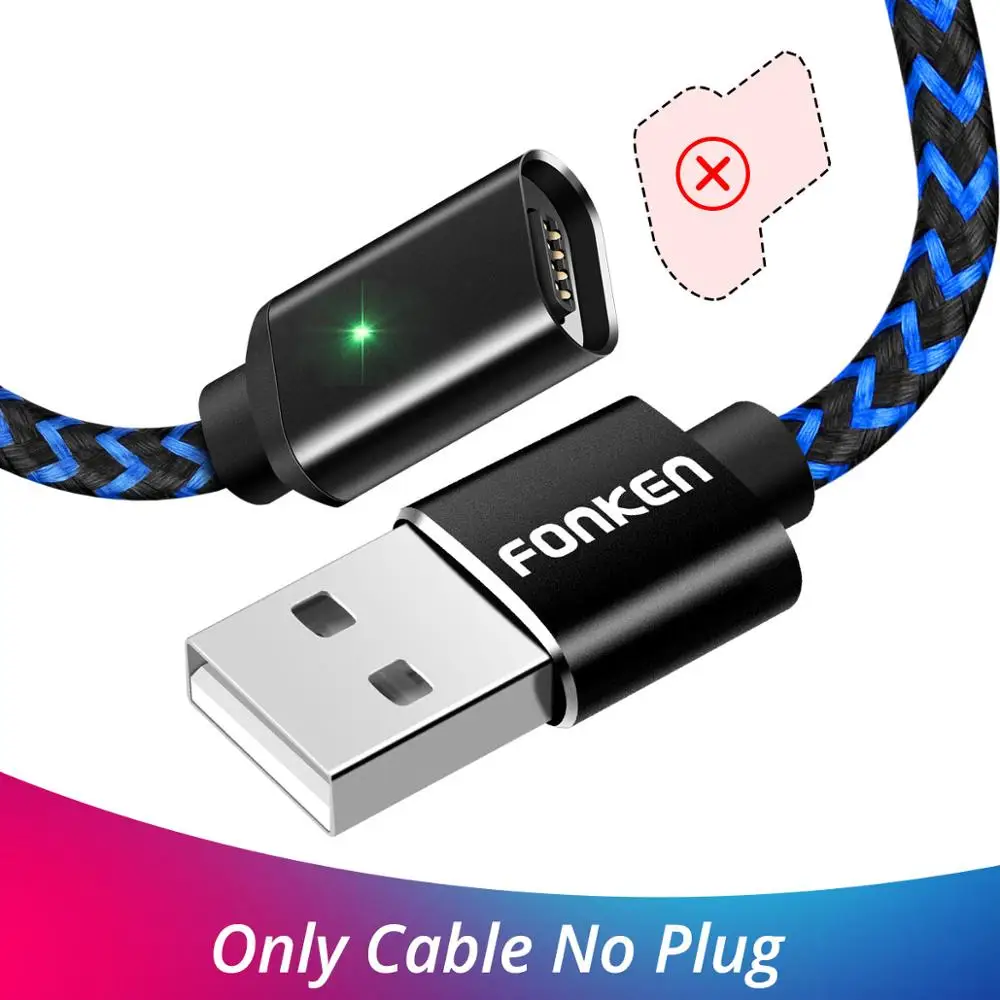 Black Cable No Plug Магнитный кабель FONKEN usb type-C, 2 м, 2,4 А, магнитные usb-кабели для телефонов, быстрое зарядное устройство, USB type-C, зарядный провод, светодиодный шнур для зарядки мобильных телефонов - Цвет: Black Cable No Plug