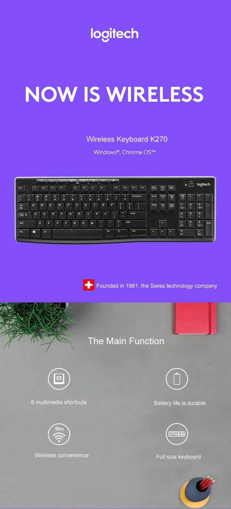 Logitech K270 Беспроводной-ассортимент клавиатур ноутбука, настольного компьютера, мультимедийная клавиатура