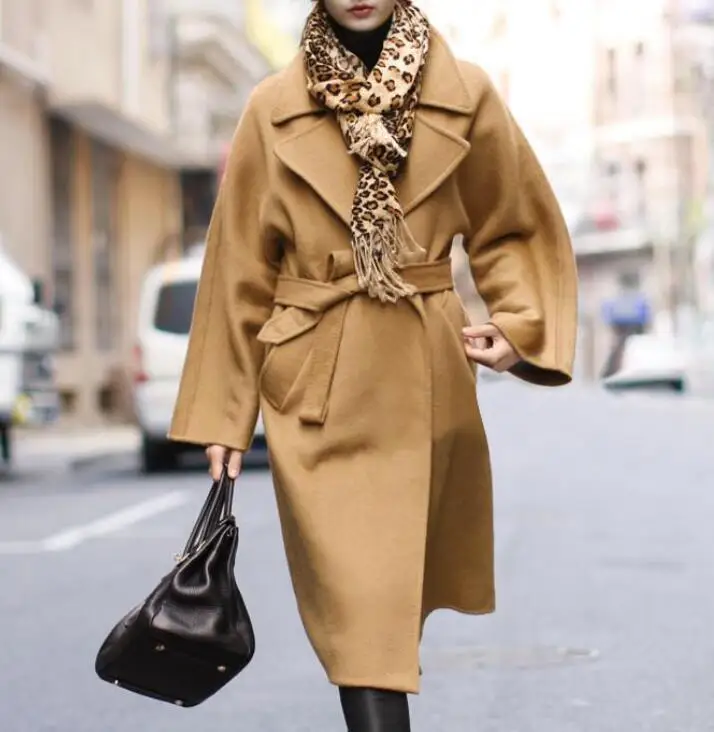 Womens Woolen Cashmere Long Belt Trench Coats Mid-calf British Overcoat Casual Duffle Outwear Luxury Warm 2Colors Plus SPY9016 | Женская