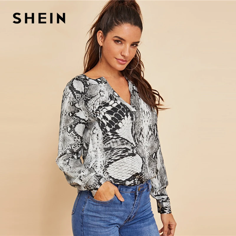 SHEIN Блузка С Змеиным Принтом И V-Образным Вырезом, Стильная Блуза С Глубоким Вырезом, Повседневная Блуза С Длинным Рукавом